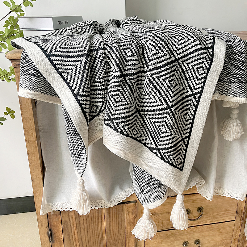 Black and White Striped Knitted Blanket