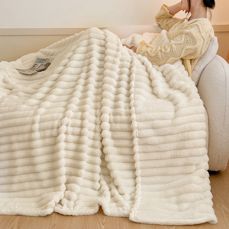 Wide Stripe Faux Rabbit Plush Blanket